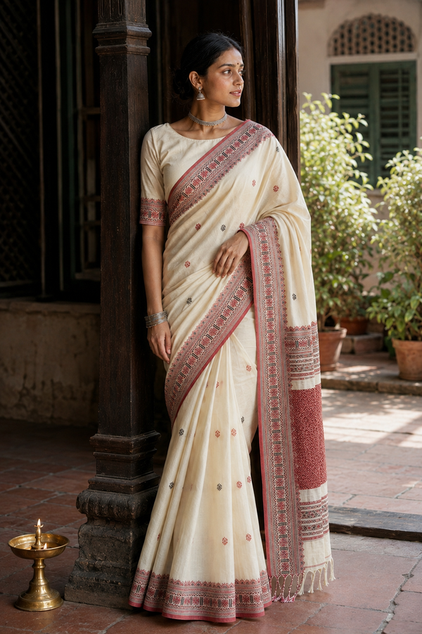 Tora — Ivory Assam Mercerized Cotton Saree with Red Motif Border
