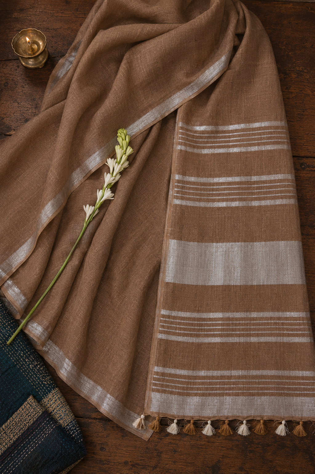 Earth Brown Linen Saree with Silver Border