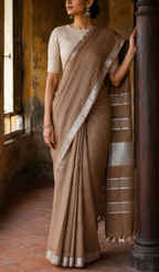 Earth Brown Linen Saree with Silver Border