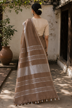 Earth Brown Linen Saree with Silver Border