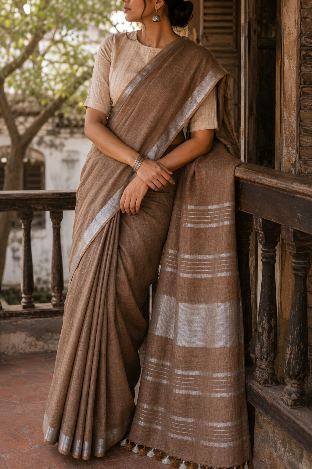 Earth Brown Linen Saree with Silver Border