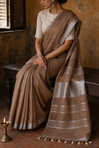 Earth Brown Linen Saree with Silver Border