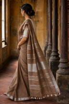 Earth Brown Linen Saree with Silver Border