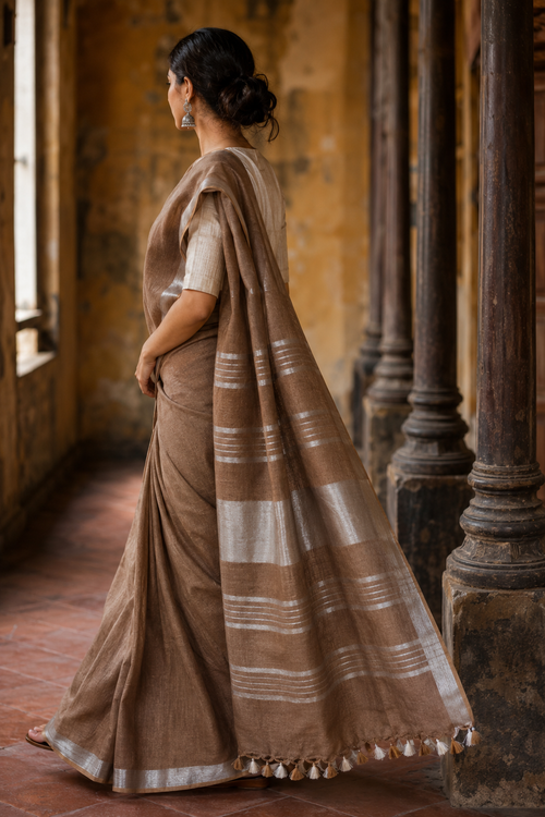 Earth Brown Linen Saree with Silver Border