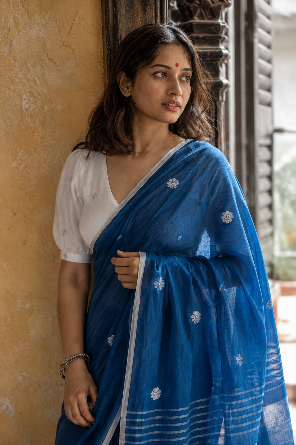 Kalindi — Blue Mul Cotton Saree
