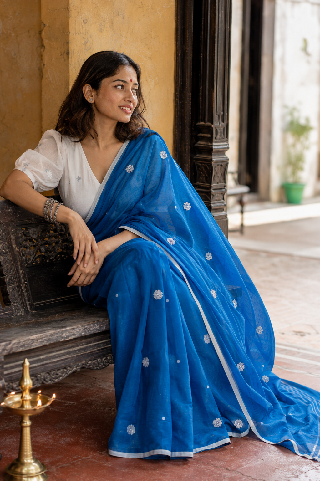 Kalindi — Blue Mul Cotton Saree