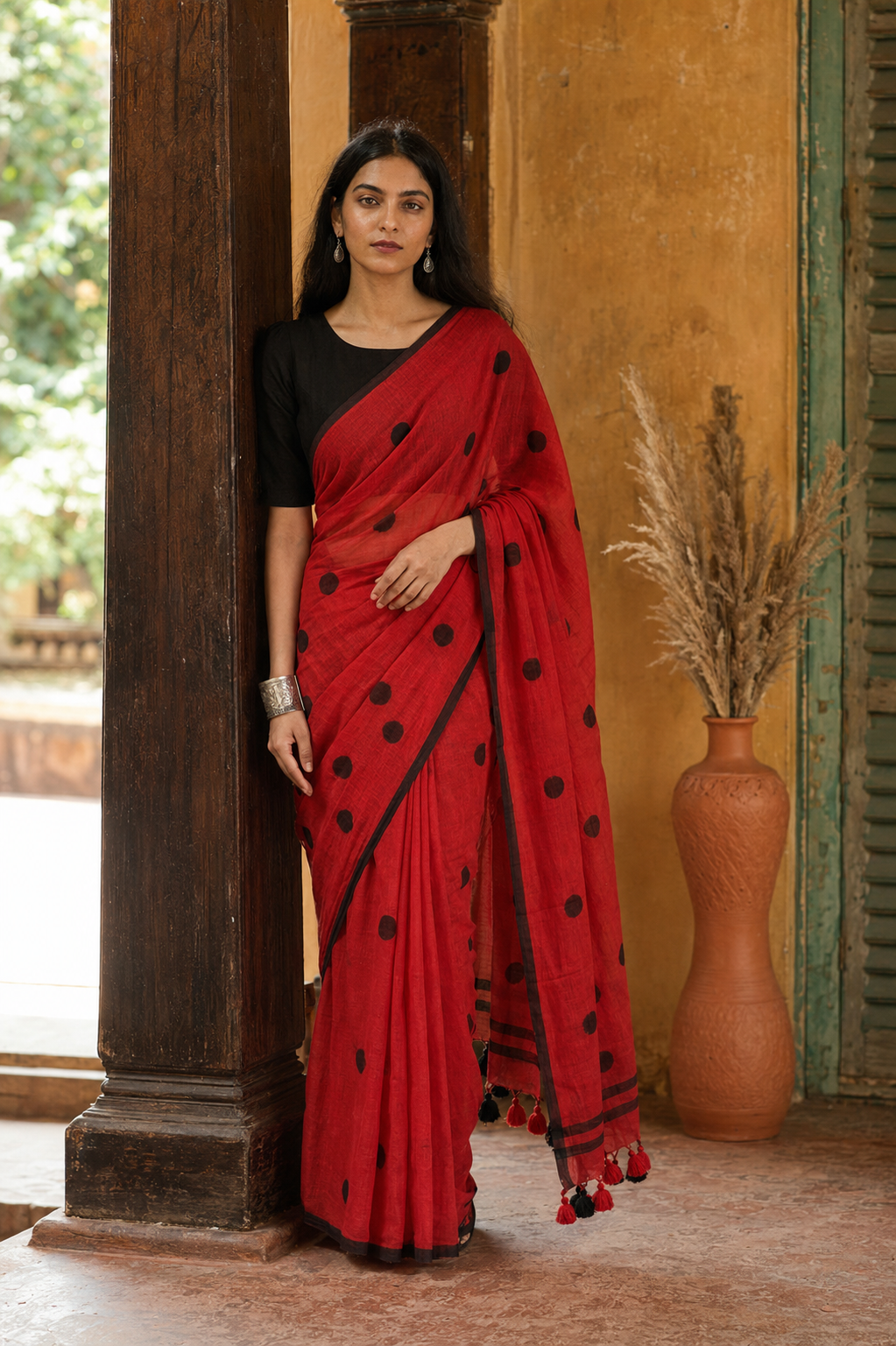 Chitra — Red Cotton Saree with Black Buti