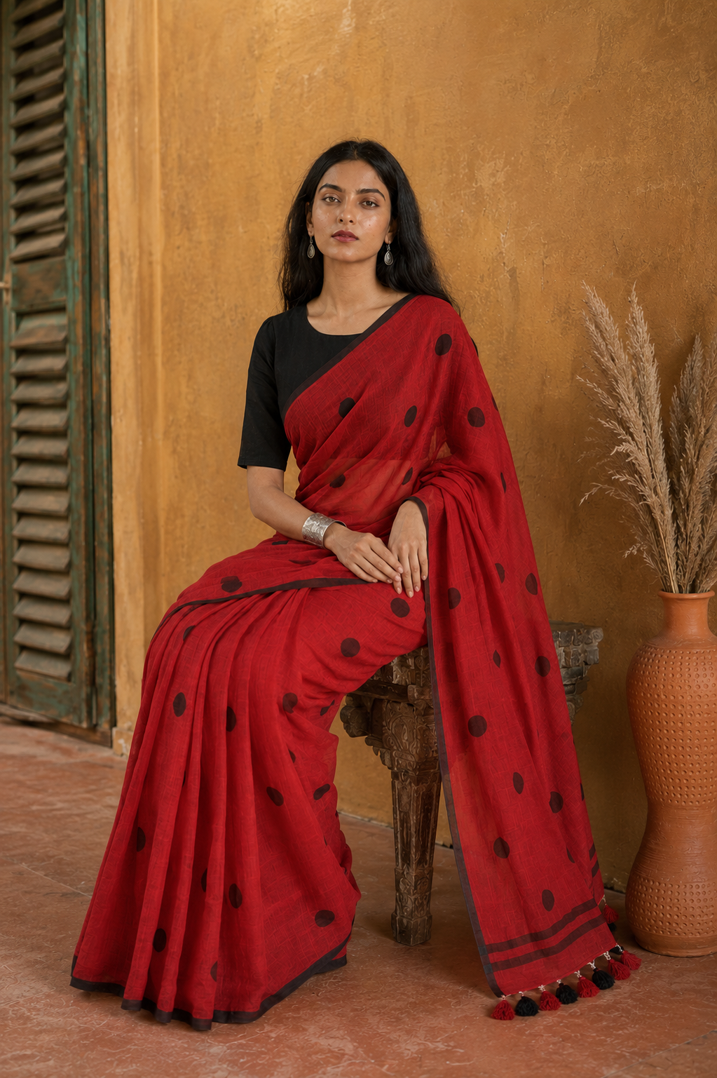 Chitra — Red Cotton Saree with Black Buti