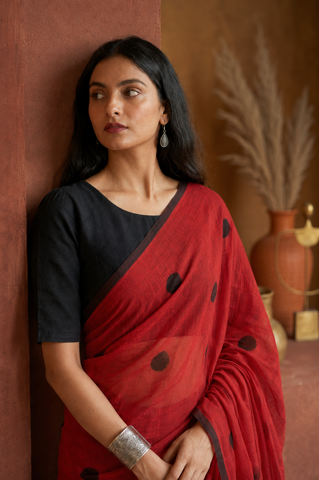 Chitra — Red Cotton Saree with Black Buti