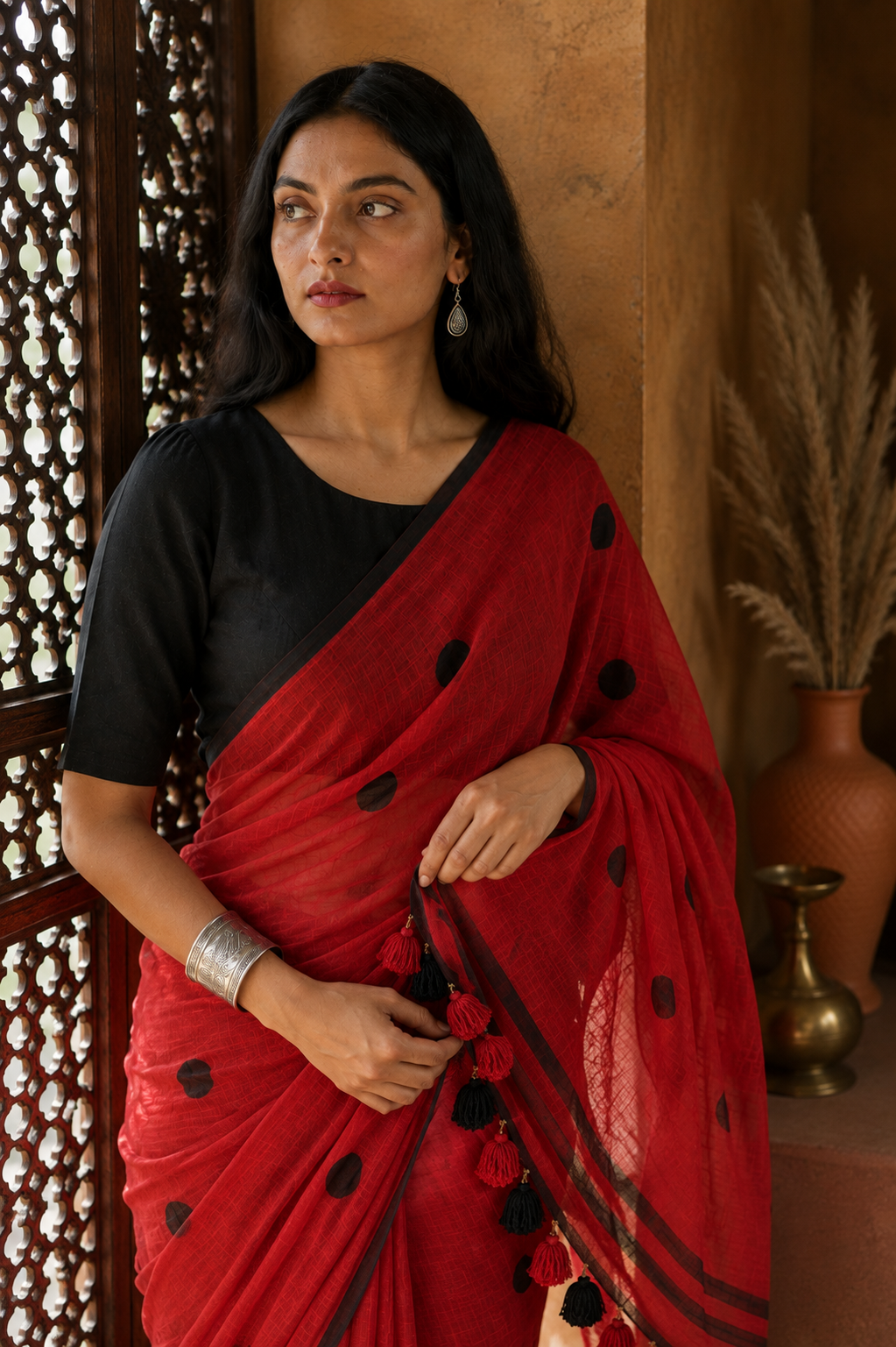 Chitra — Red Cotton Saree with Black Buti