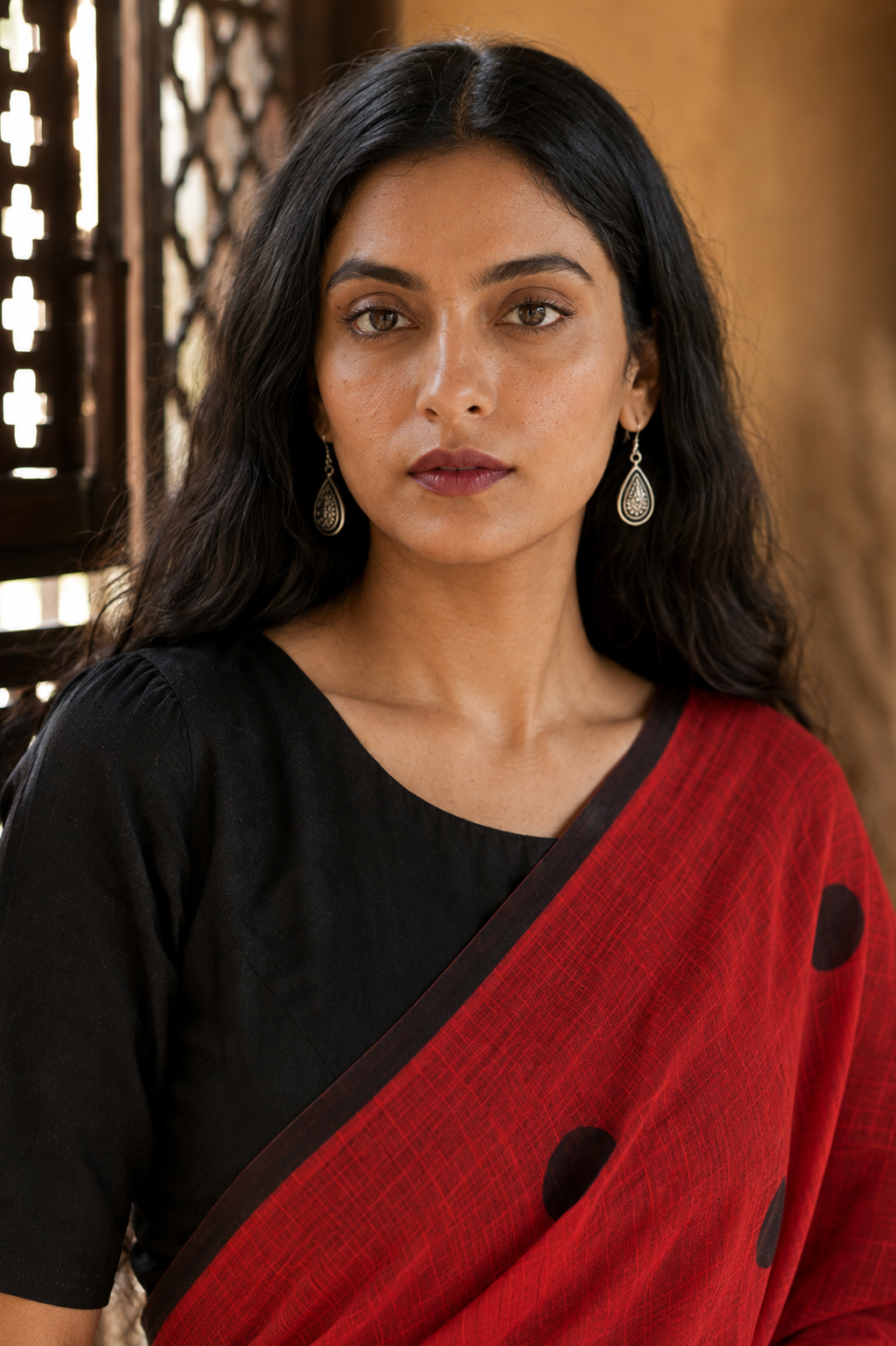 Chitra — Red Cotton Saree with Black Buti