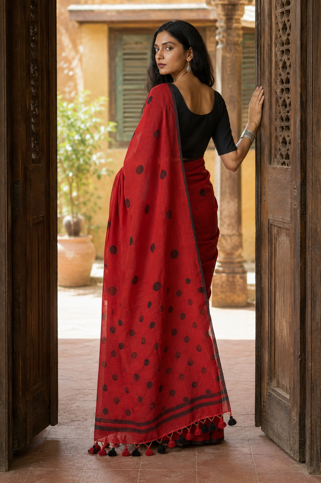 Chitra — Red Cotton Saree with Black Buti