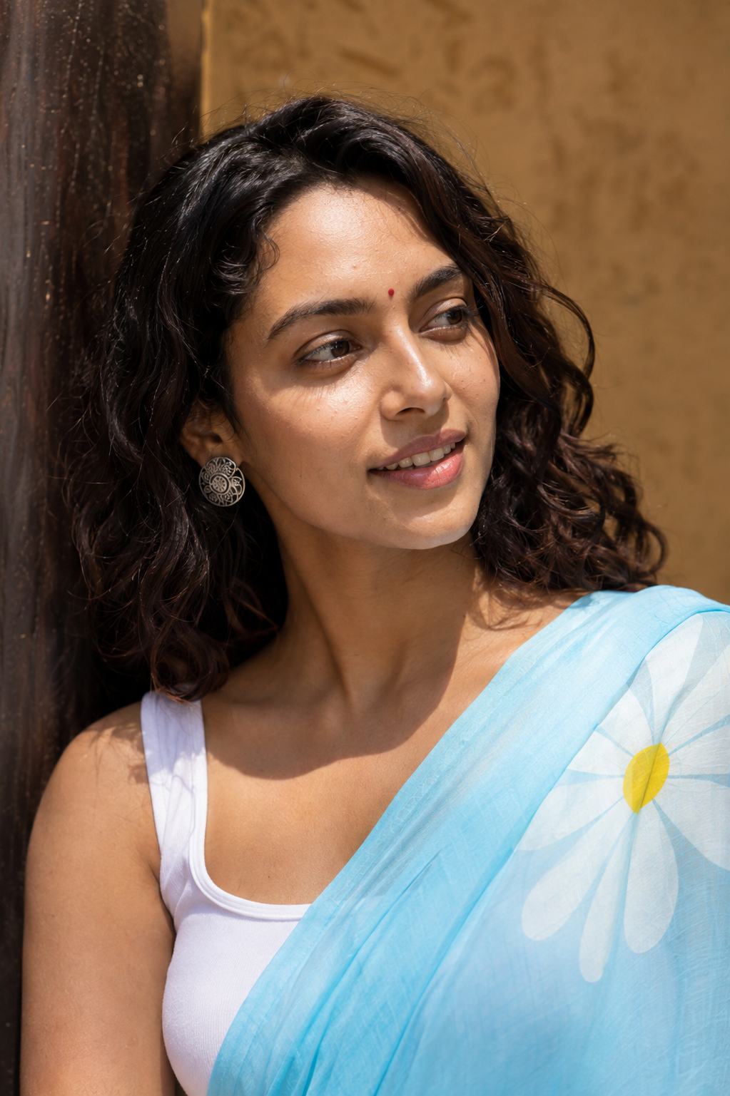 Nabha — Sky-Blue Daisy Print Mulmul Cotton Saree