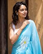 Nabha — Sky-Blue Daisy Print Mulmul Cotton Saree