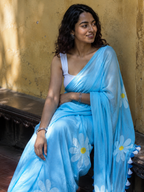 Nabha — Sky-Blue Daisy Print Mulmul Cotton Saree
