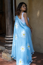 Nabha — Sky-Blue Daisy Print Mulmul Cotton Saree