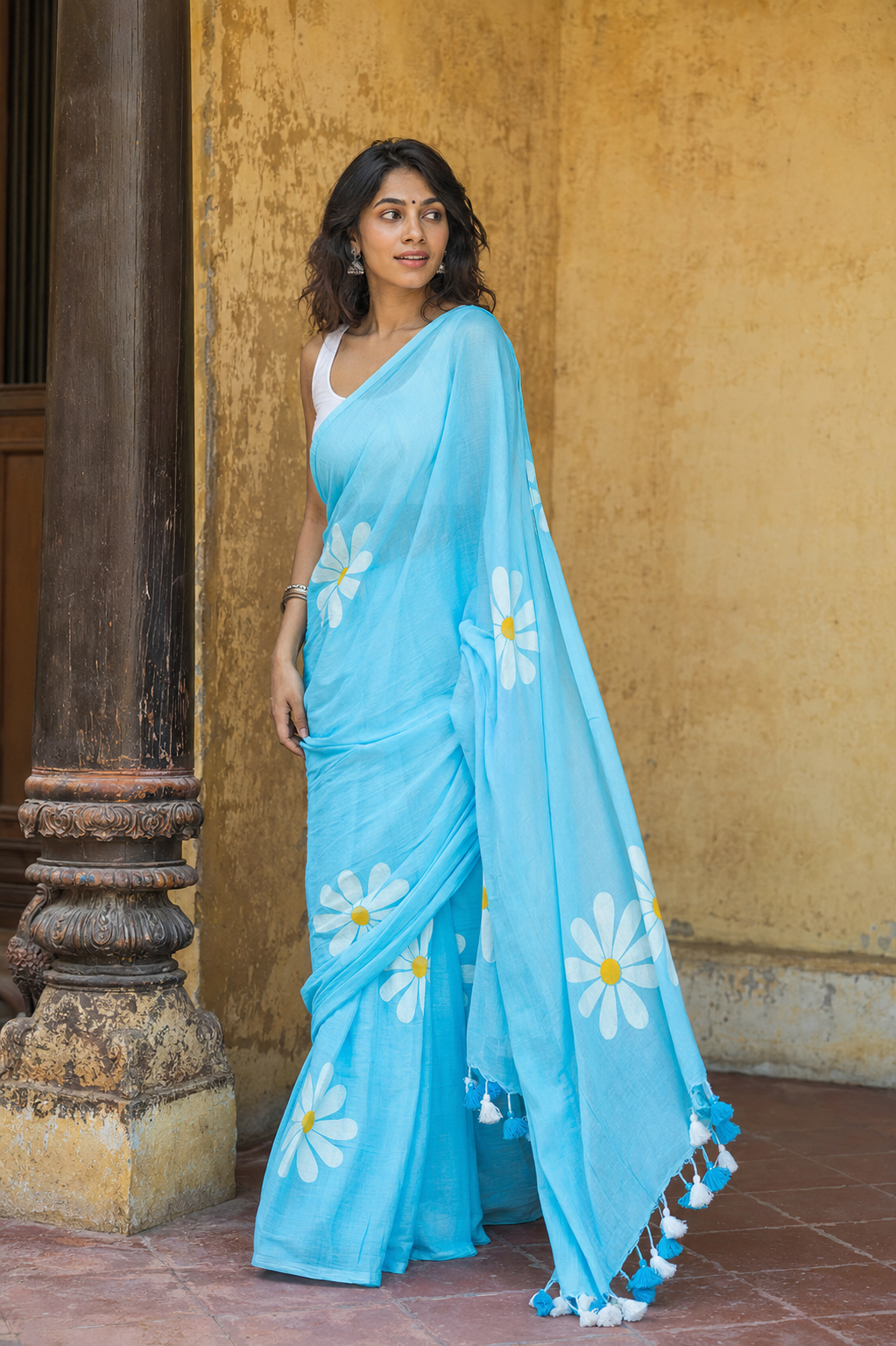 Nabha — Sky-Blue Daisy Print Mulmul Cotton Saree