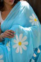 Nabha — Sky-Blue Daisy Print Mulmul Cotton Saree