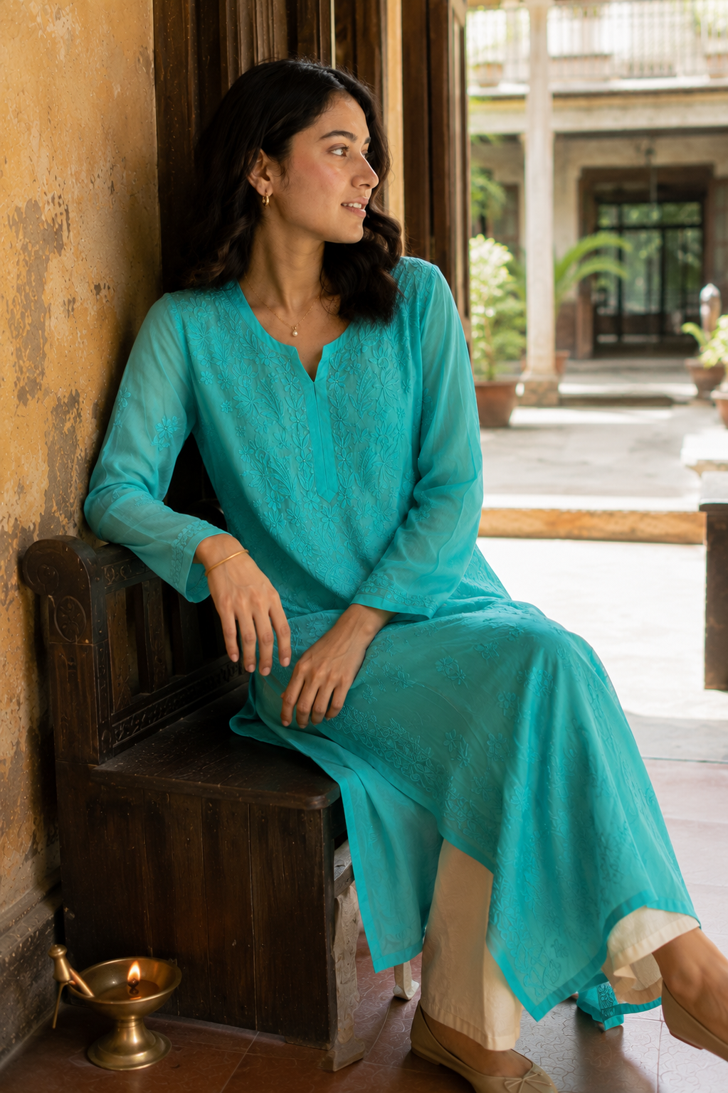 Firoza — Sea-Green Ghaspatti Chikankari Georgette Kurta