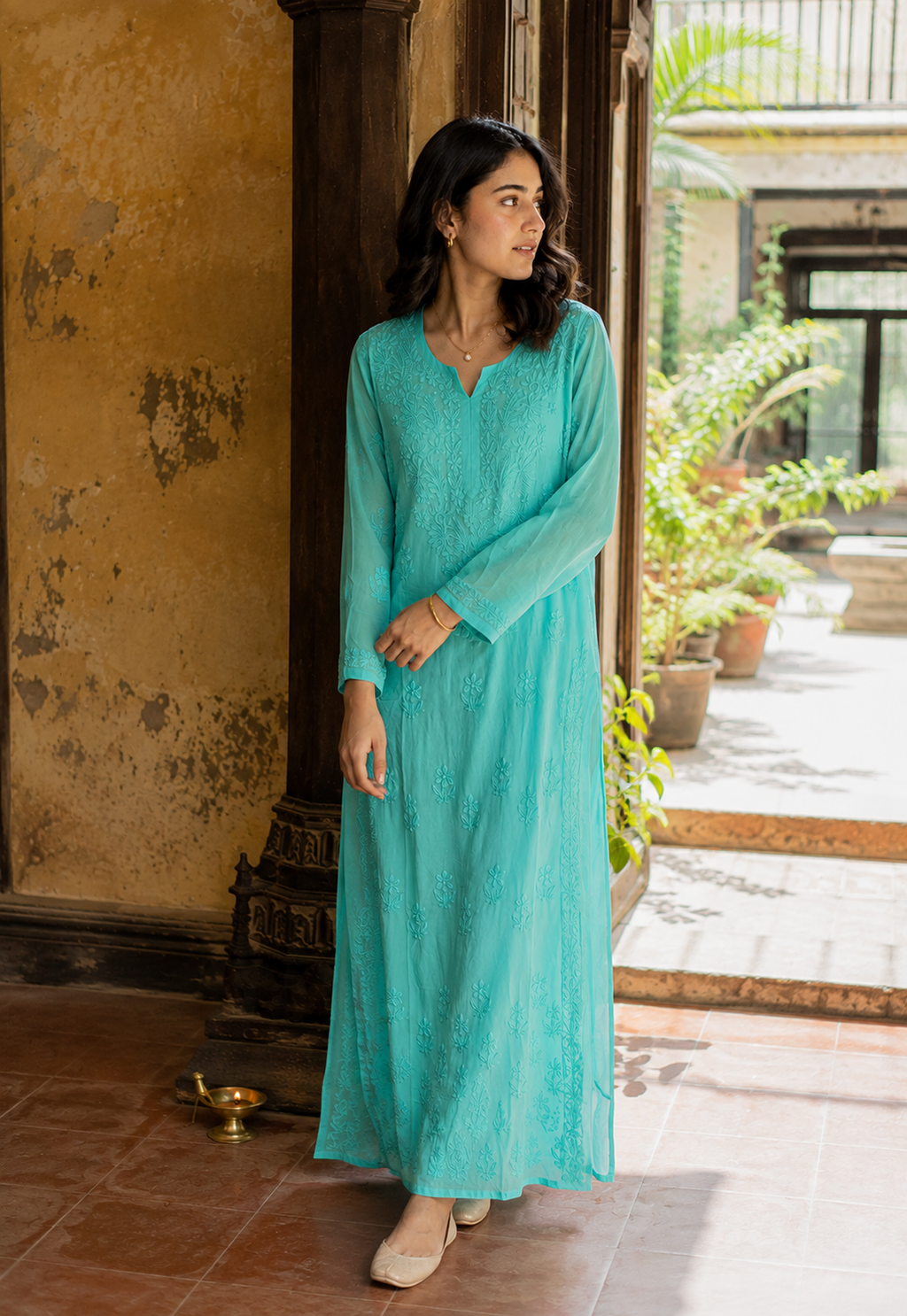 Firoza — Sea-Green Ghaspatti Chikankari Georgette Kurta