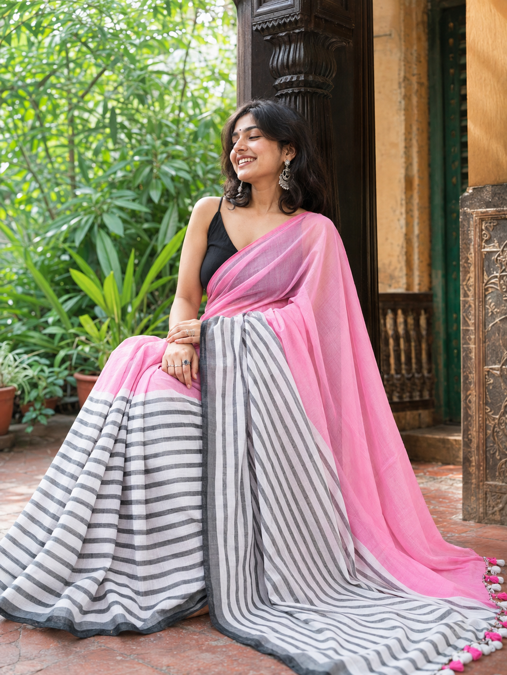 Gulnaar — Rose-Pink Mulmul Cotton Saree with Black-and-White Striped Border