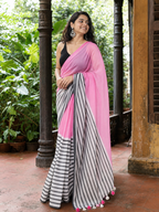 Gulnaar — Rose-Pink Mulmul Cotton Saree with Black-and-White Striped Border