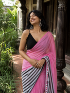 Gulnaar — Rose-Pink Mulmul Cotton Saree with Black-and-White Striped Border