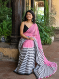 Gulnaar — Rose-Pink Mulmul Cotton Saree with Black-and-White Striped Border