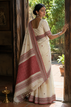 Tora — Ivory Assam Mercerized Cotton Saree with Red Motif Border