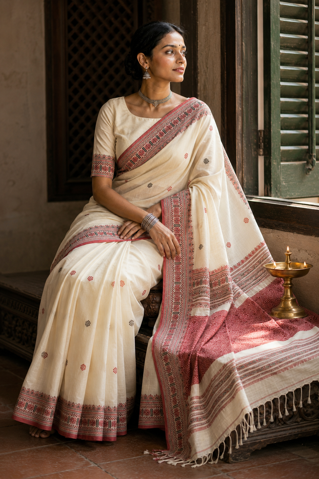 Tora — Ivory Assam Mercerized Cotton Saree with Red Motif Border