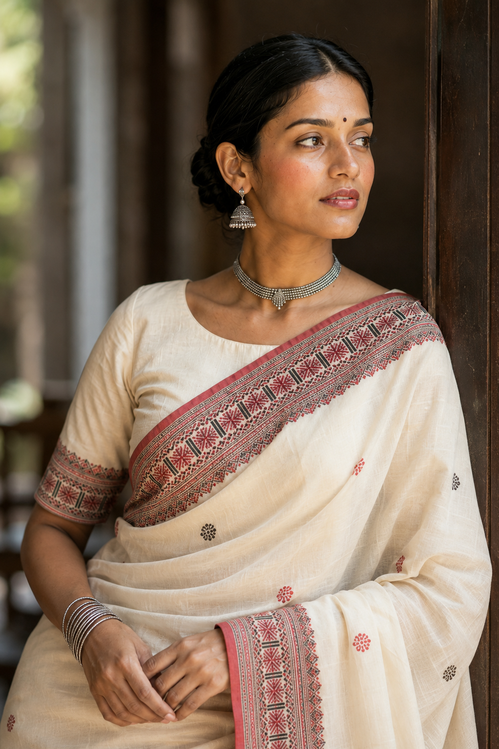 Tora — Ivory Assam Mercerized Cotton Saree with Red Motif Border