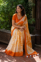Palashi — Off-White & Orange Shibori Mul Cotton Saree