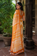 Palashi — Off-White & Orange Shibori Mul Cotton Saree