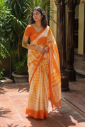Palashi — Off-White & Orange Shibori Mul Cotton Saree