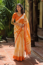 Palashi — Off-White & Orange Shibori Mul Cotton Saree