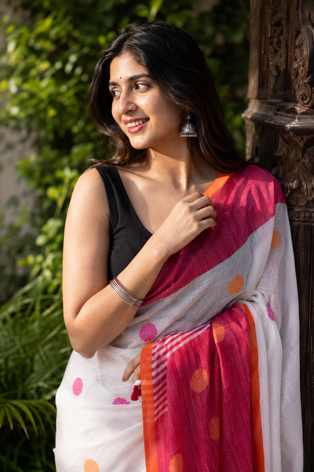 Bindiya — White Polka-Dot Linen Saree with Red Pallu