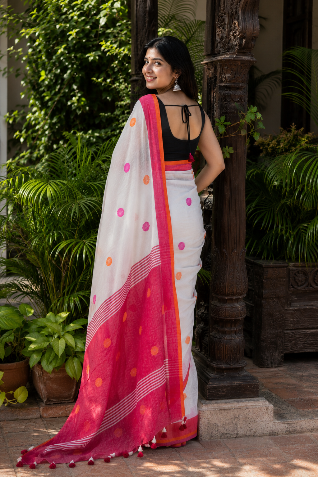 Bindiya — White Polka-Dot Linen Saree with Red Pallu