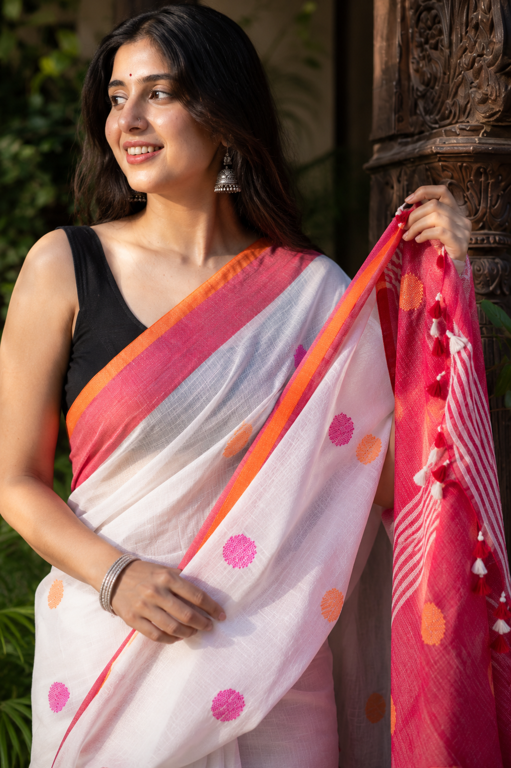 Bindiya — White Polka-Dot Linen Saree with Red Pallu