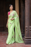 Nalini — Lime Green Lotus Mul Cotton Saree with Scalloped Border
