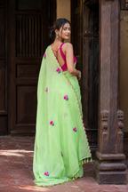Nalini — Lime Green Lotus Mul Cotton Saree with Scalloped Border