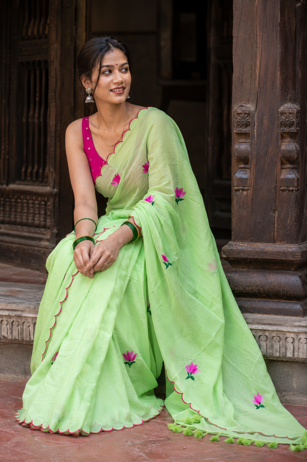 Nalini — Lime Green Lotus Mul Cotton Saree with Scalloped Border