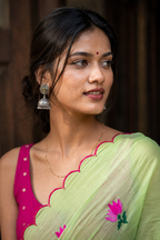 Nalini — Lime Green Lotus Mul Cotton Saree with Scalloped Border