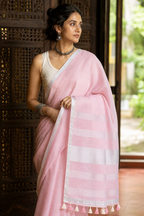 Usha — Rose Pink Saree with Silver Border
