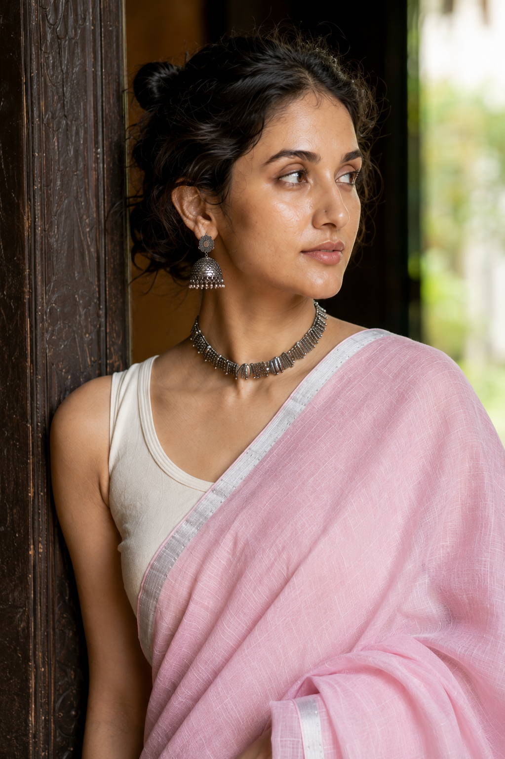 Usha — Rose Pink Saree with Silver Border