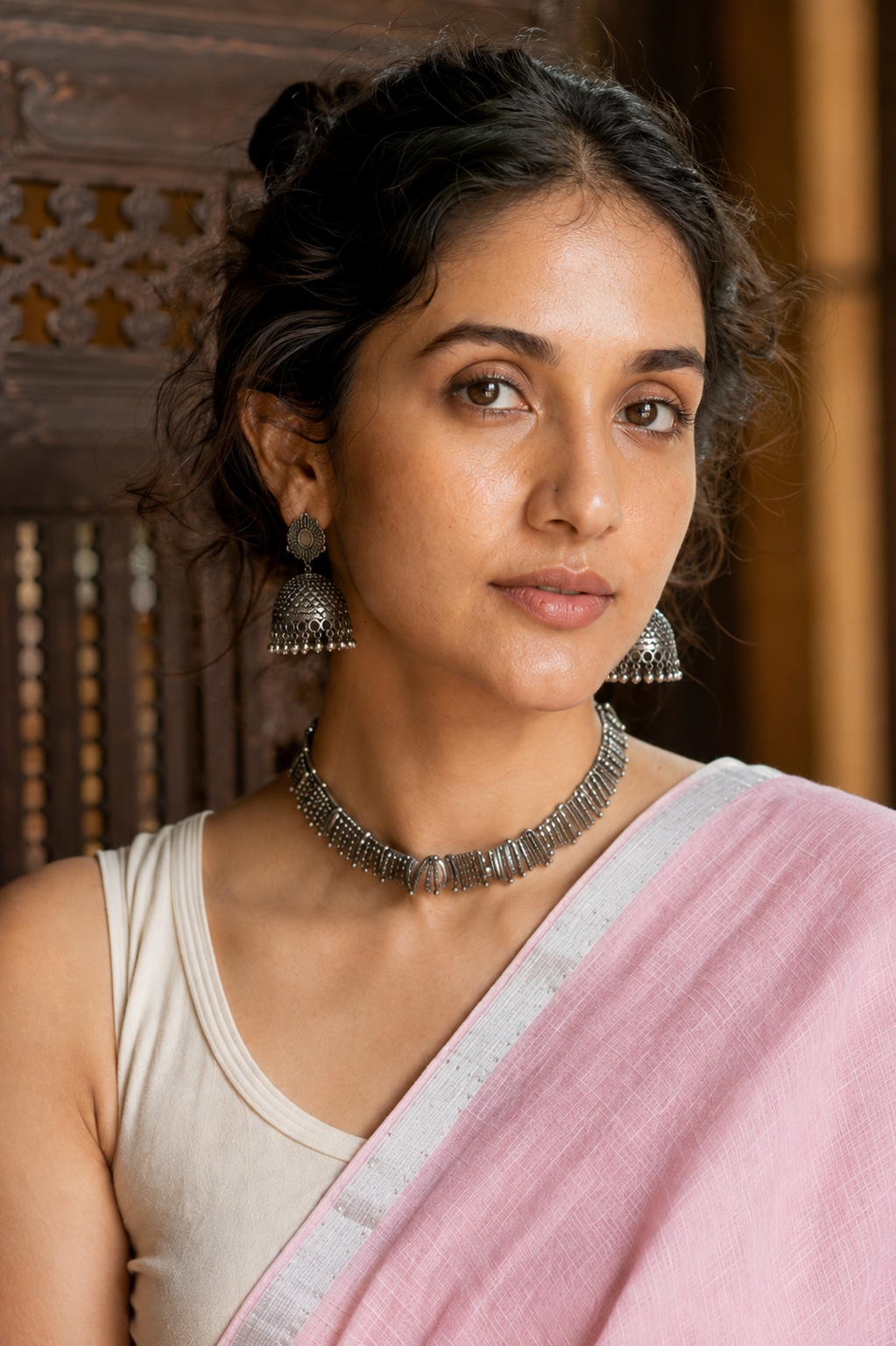 Usha — Rose Pink Saree with Silver Border
