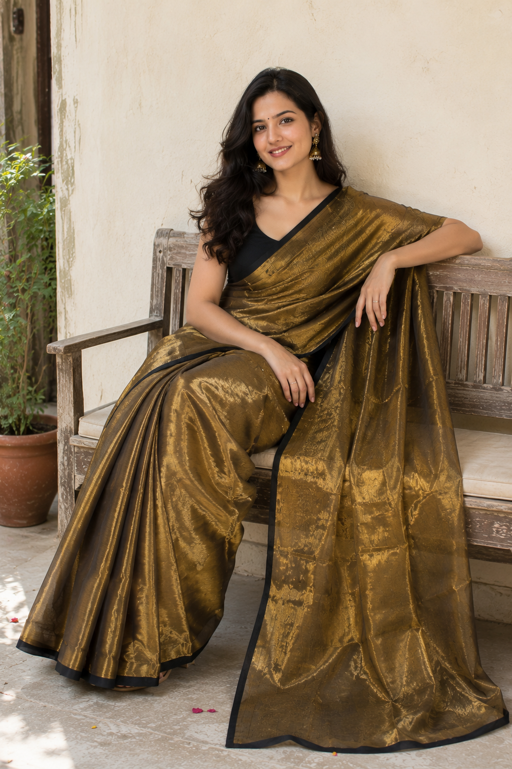 Rukmini — Antique Gold Tissue Saree with Black Border | Awadhalaya