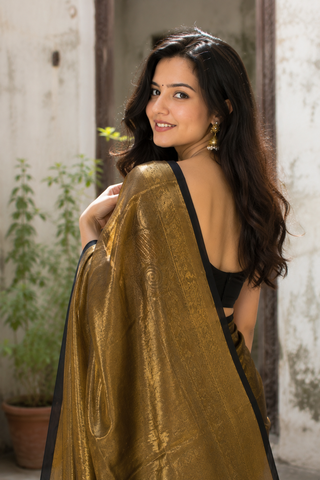 Rukmini — Antique Gold Tissue Saree with Black Border | Awadhalaya
