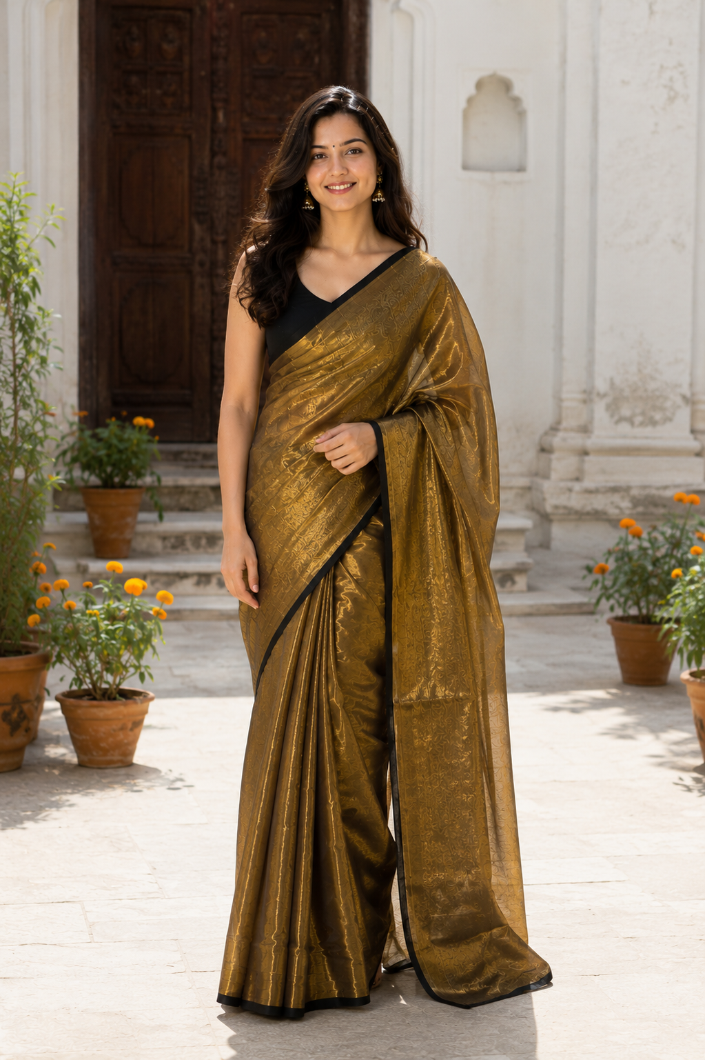 Rukmini — Antique Gold Tissue Saree with Black Border | Awadhalaya