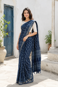 Neelima — Deep Indigo Printed Saree with Silver-Toned Border | Awadhalaya