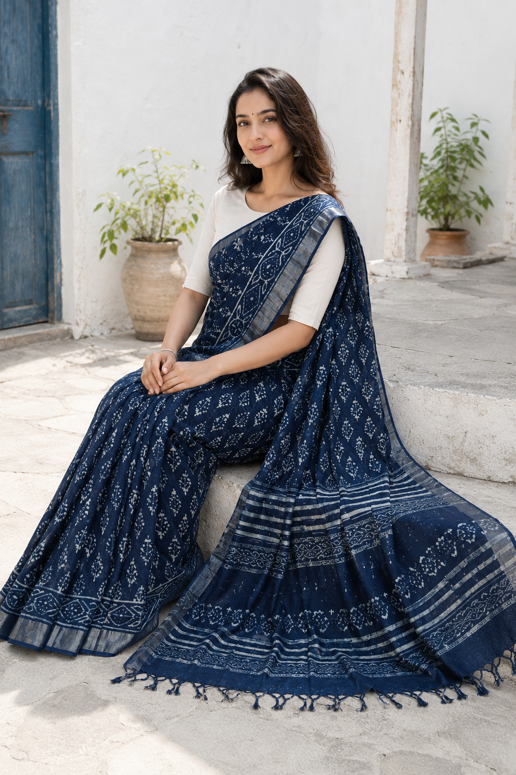 Neelima — Deep Indigo Printed Saree with Silver-Toned Border | Awadhalaya